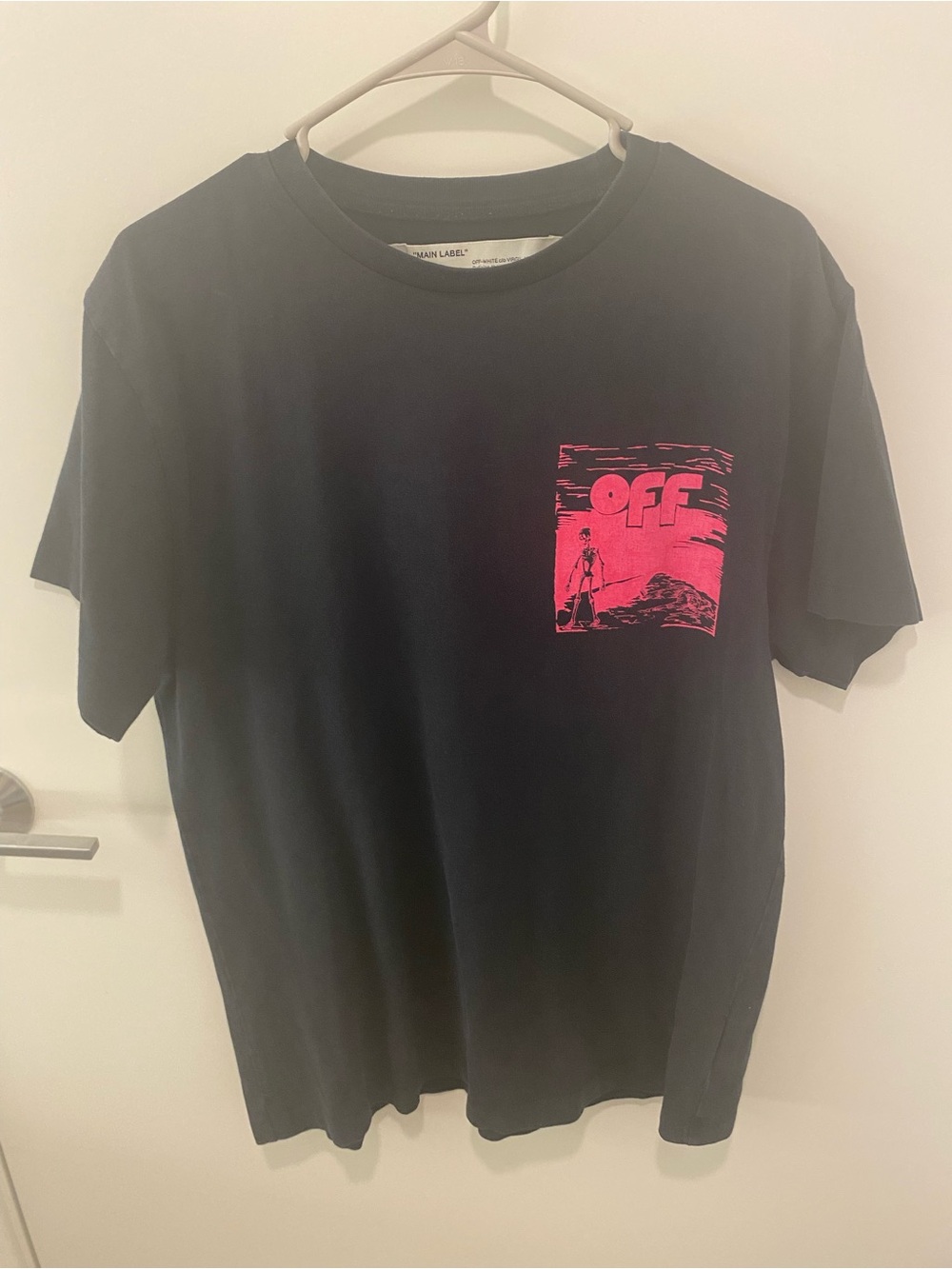 Off-White Skulls Floating Black Short Sleeve Tee with Pink Chest Graphic